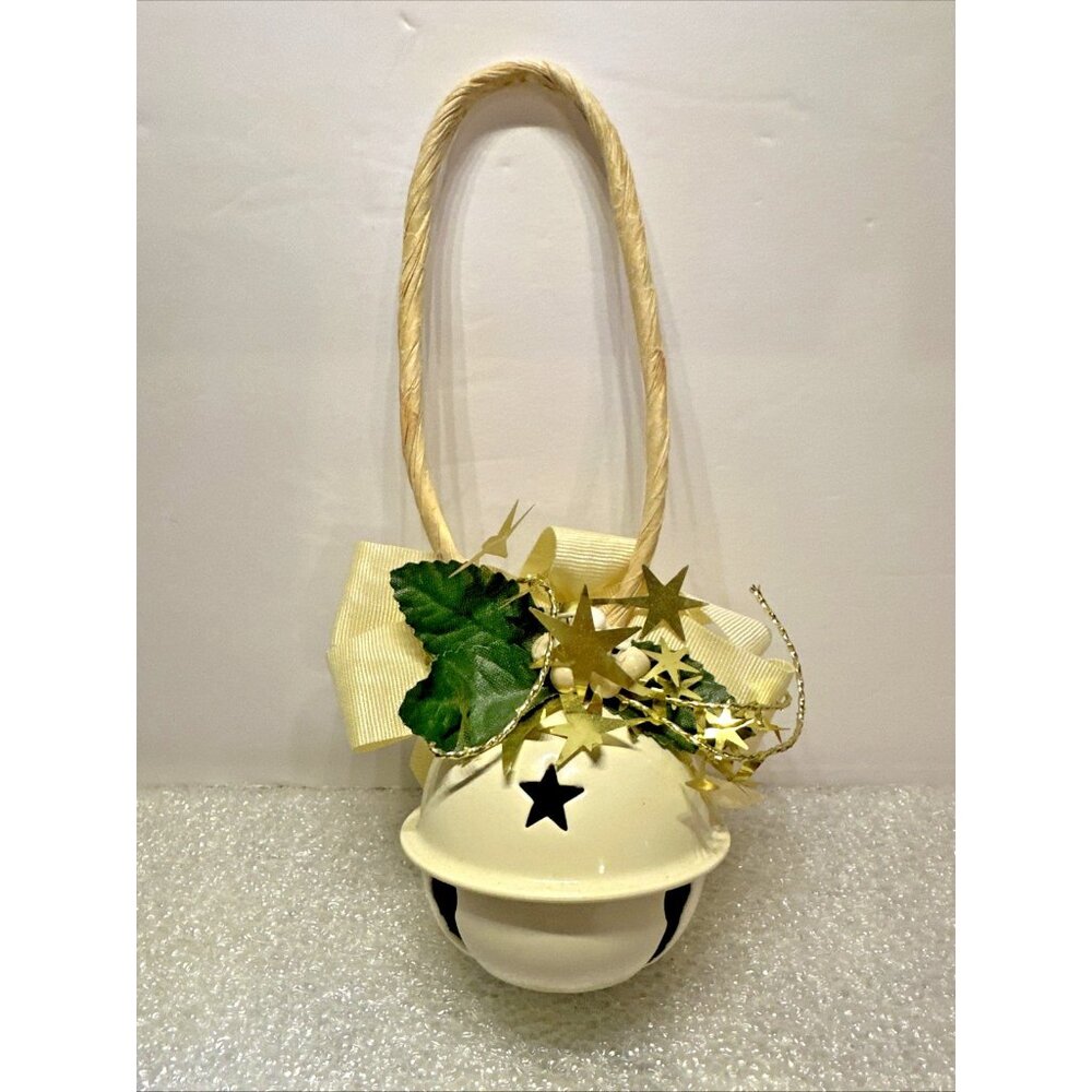 Christmas Jingle Bell Ornament White Metal 3" Rope Hang Stars Berries Leaves Bow